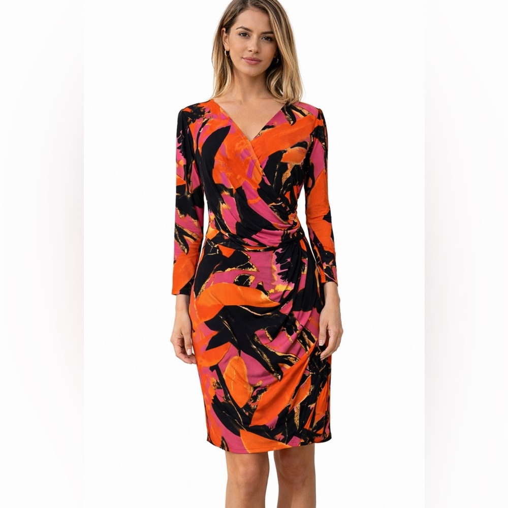 Natori Dress Black Gold Orange Pink Medium 6 8 10 Stretch 3/4 Sleeve Career